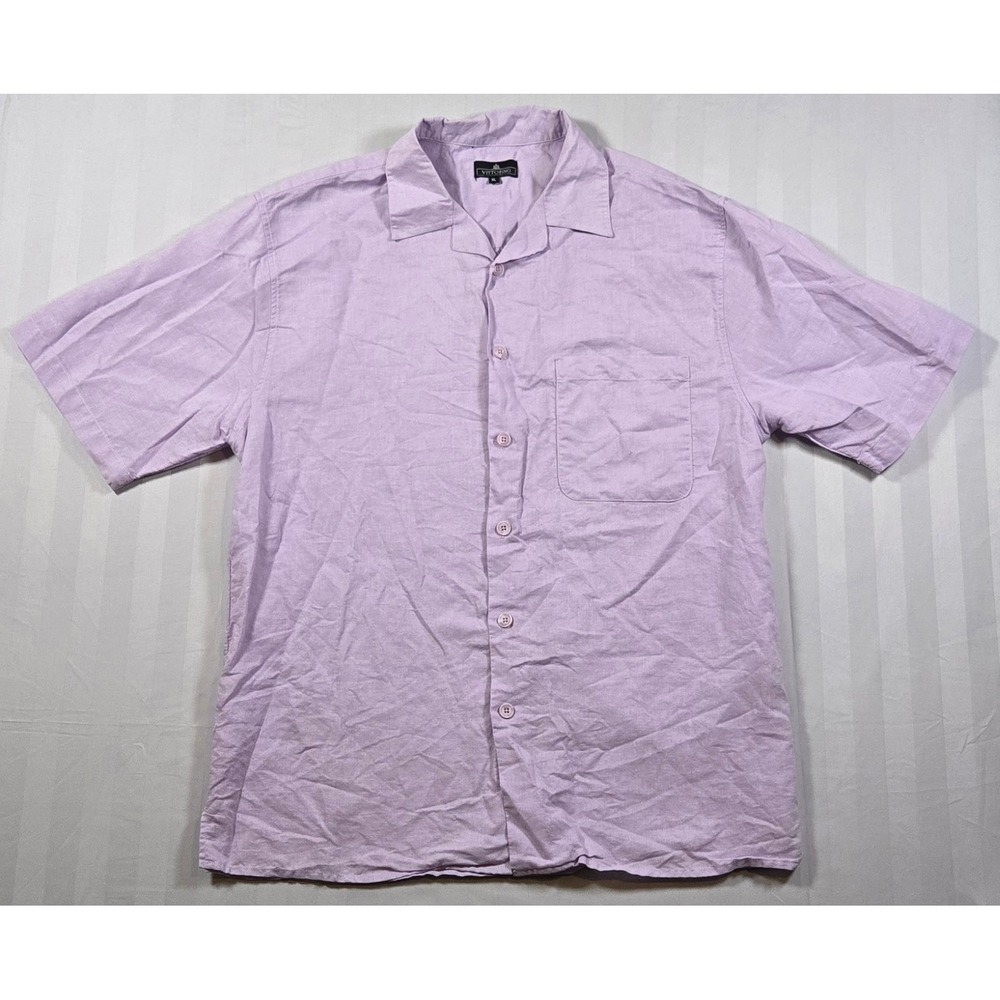 Vittorino Mens XL Purple 100% Linen Short Sleeve Camp Collar Button Down Shirt